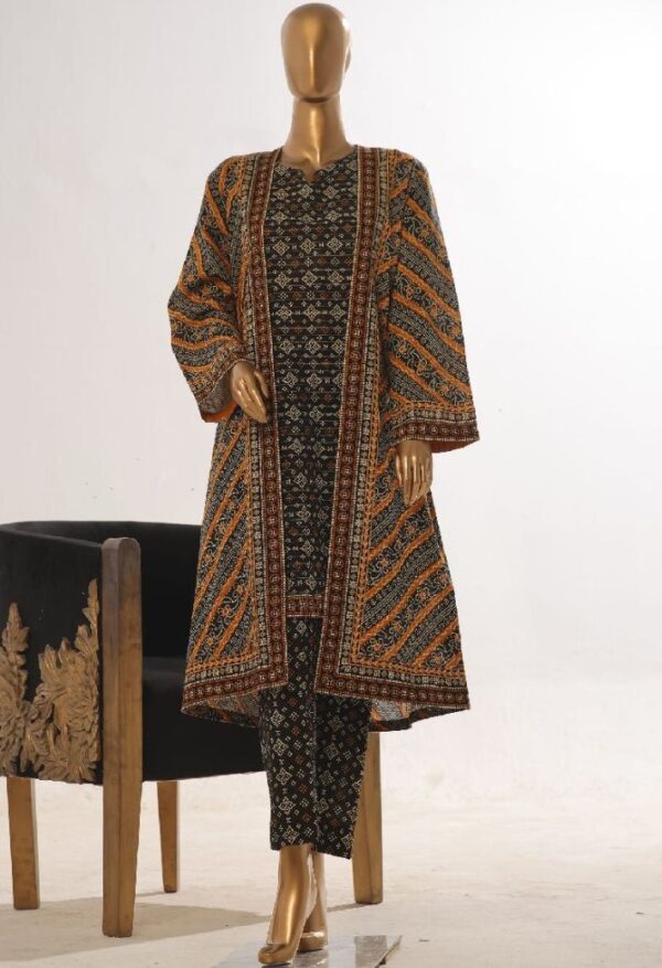 BinSaeed Stitched 3 Piece Exclusive Priet Printed Khaddar And Jacket Collection'2024 - Image 3